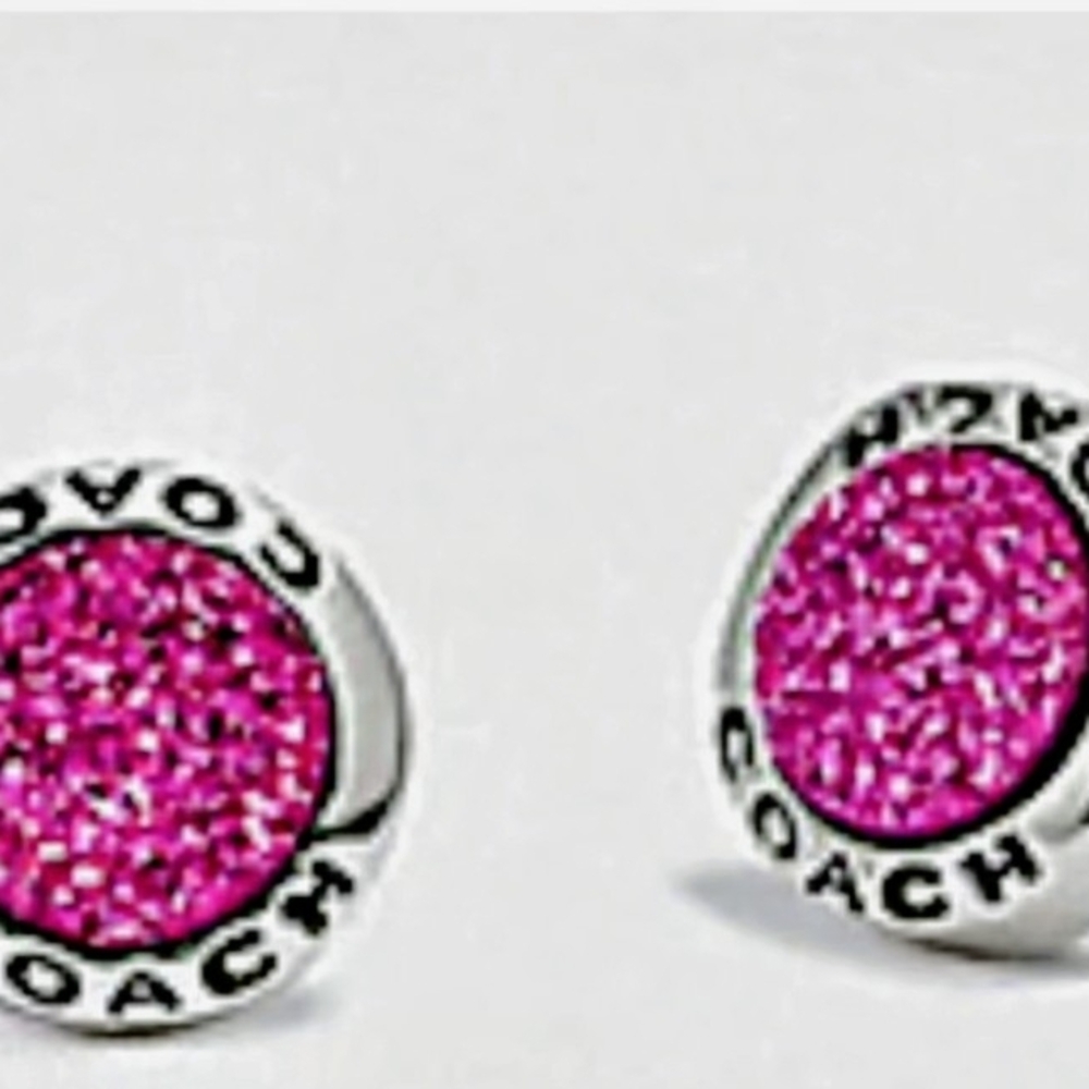 Coach Round Silver-Tone Studs with Hot Pink Glitter